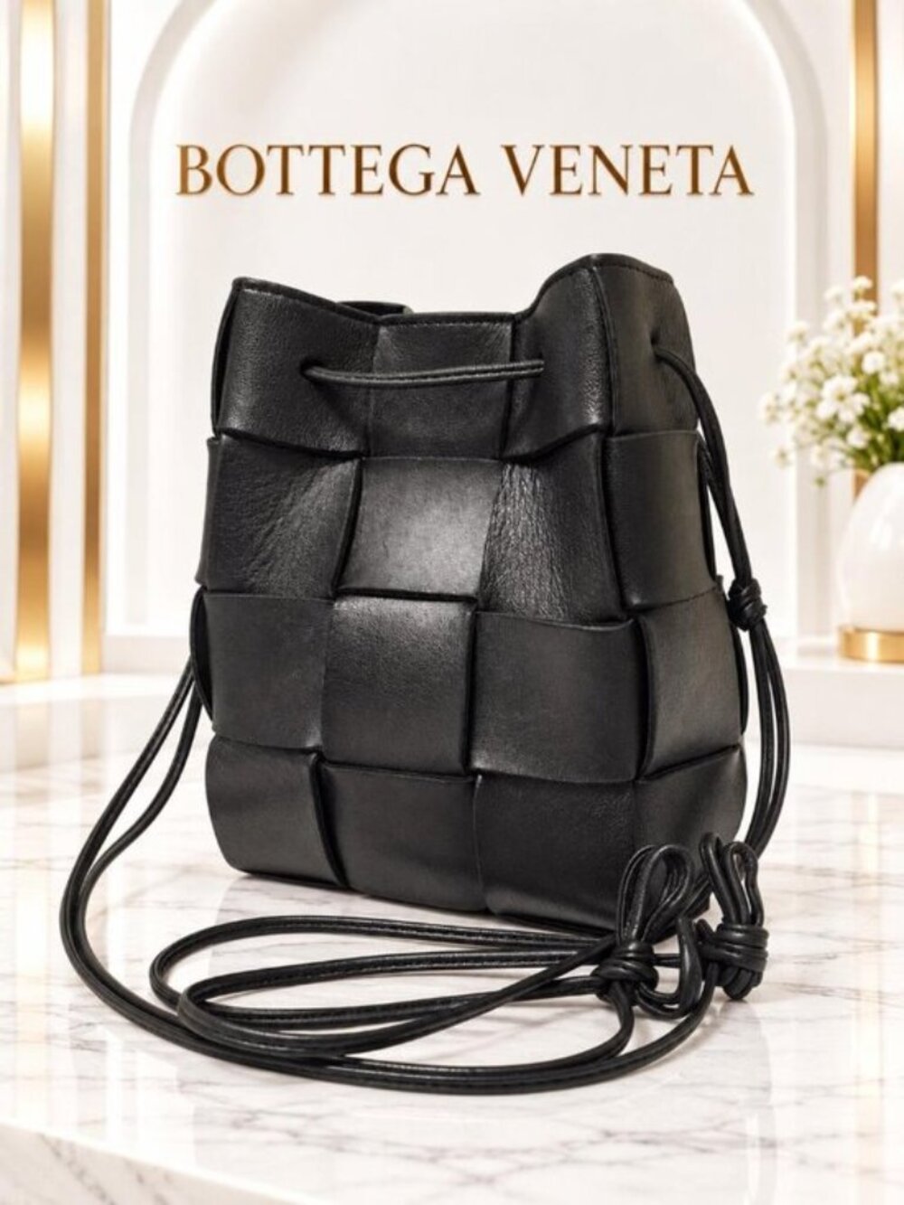Authentic Bottega Veneta Cassette Black Intrecciato Leather Bucket Crossbody Bag